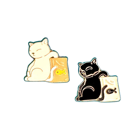 Black & White Cat with Fish Bag