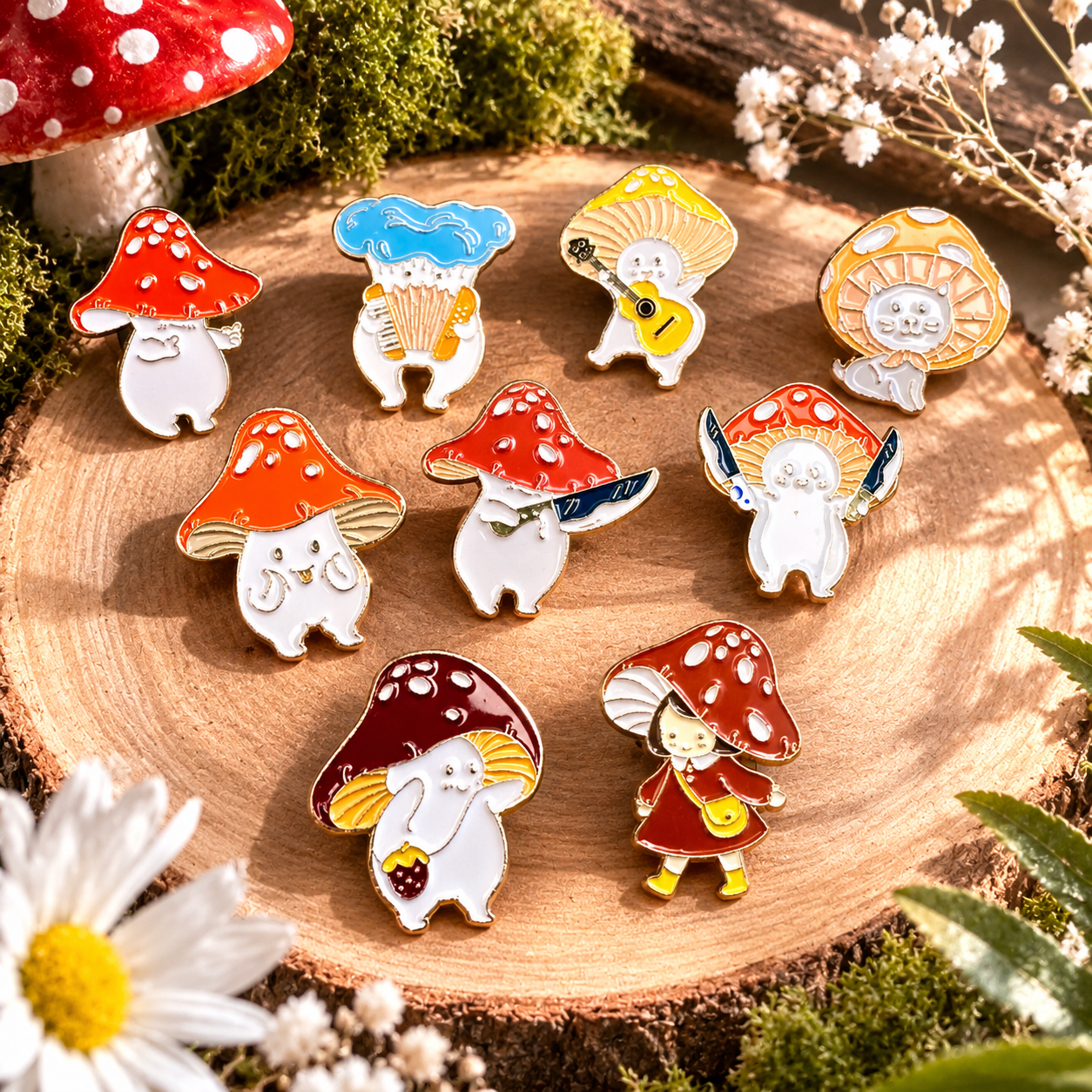 Cute mushroom enamel pins with playful knife designs