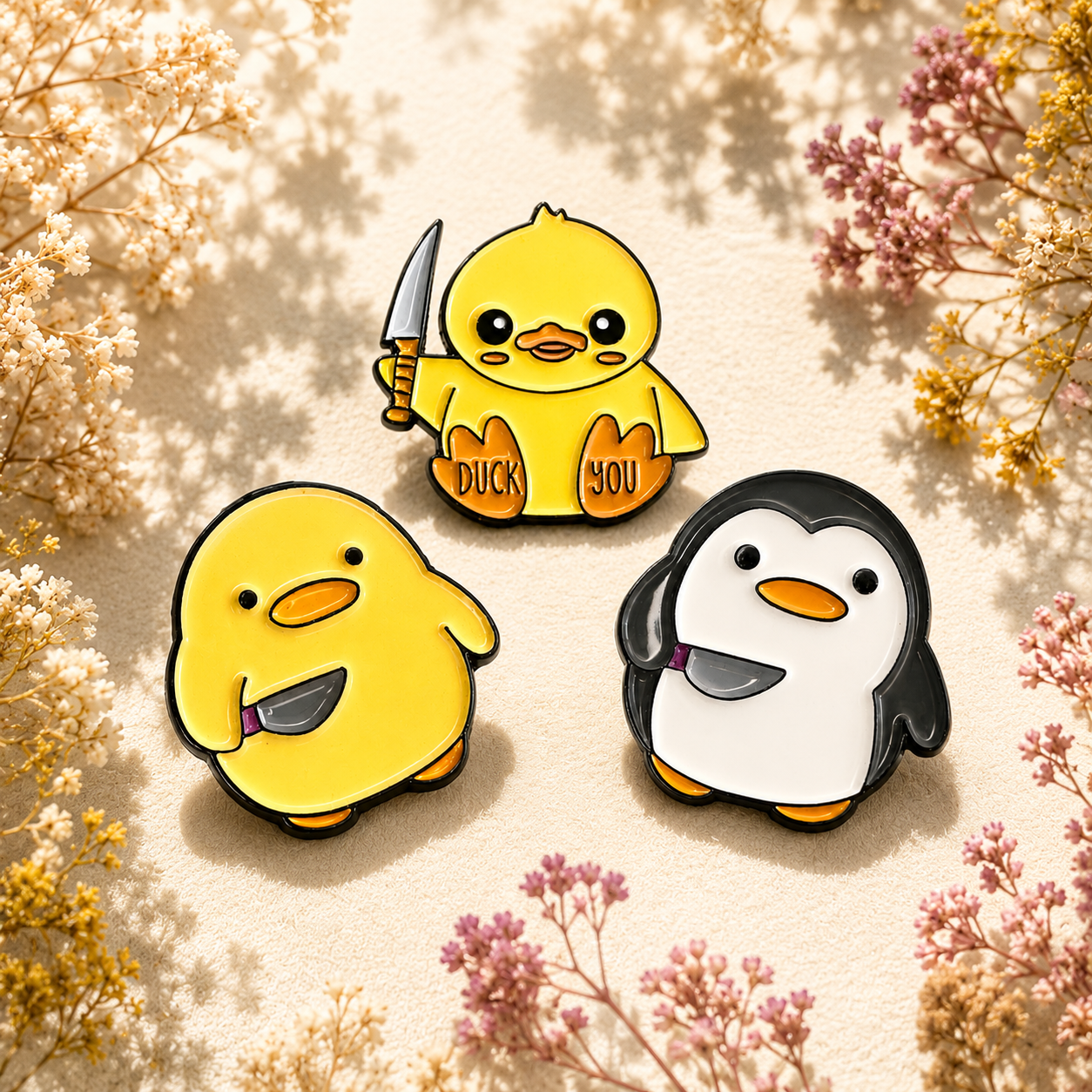 Cute duck, chick and penguin enamel pins with playful knife designs, photographed on a cream background with delicate dried flowers.