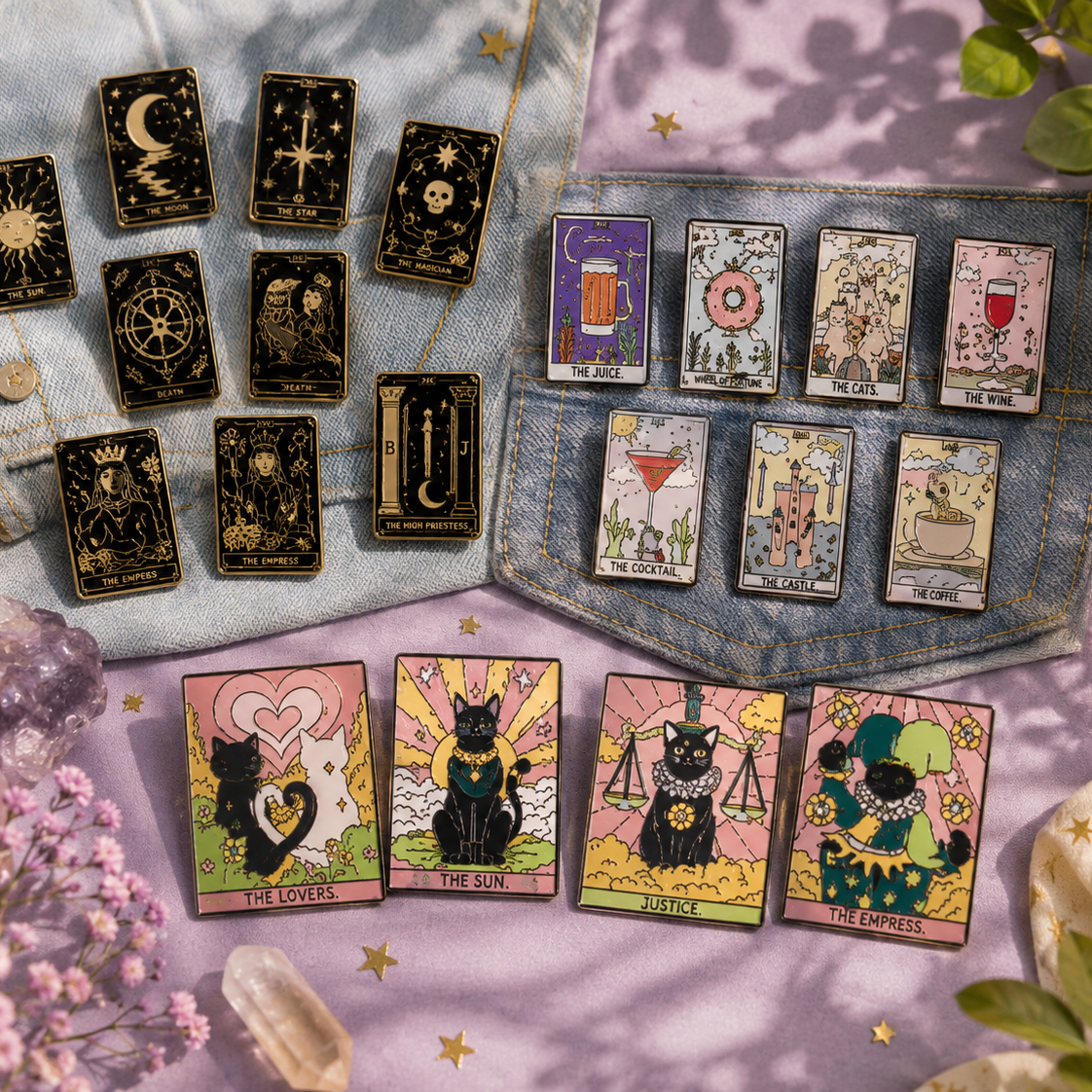 Mystical tarot card themed enamel pins including moon, stars and mystic symbols