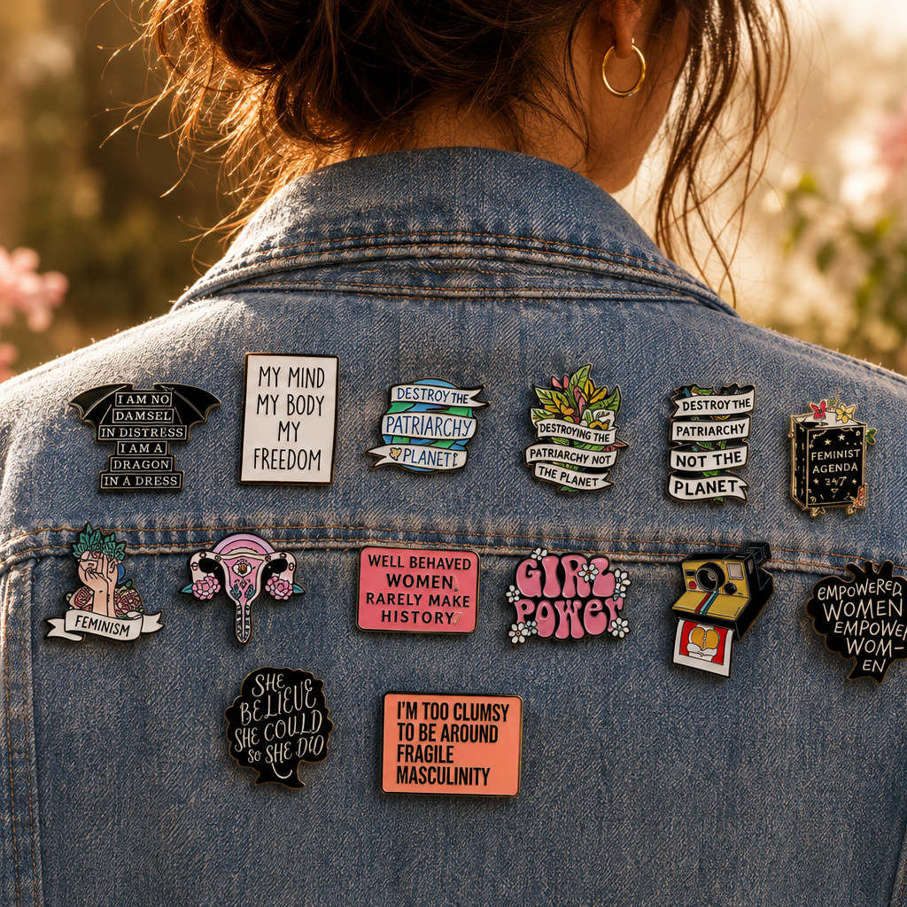 Bold feminist slogan and symbol enamel pins in pink and purple tones