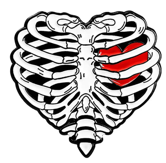 Red Heart in Ribs Skeleton enamel pin - view 1