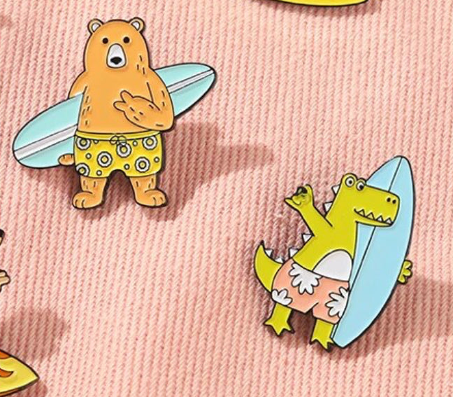 Surfing Bear & Crocodile enamel pin - view 2