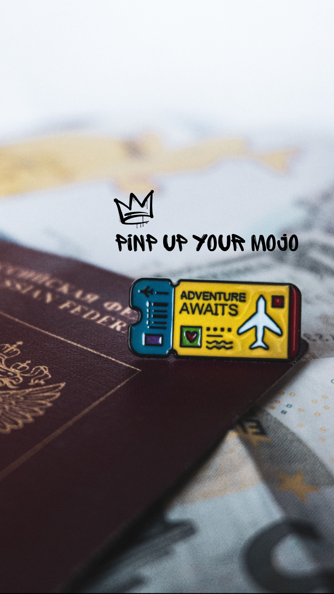 adventure awaits pins looking like a plane ticket sitting on a passport - from pine me up