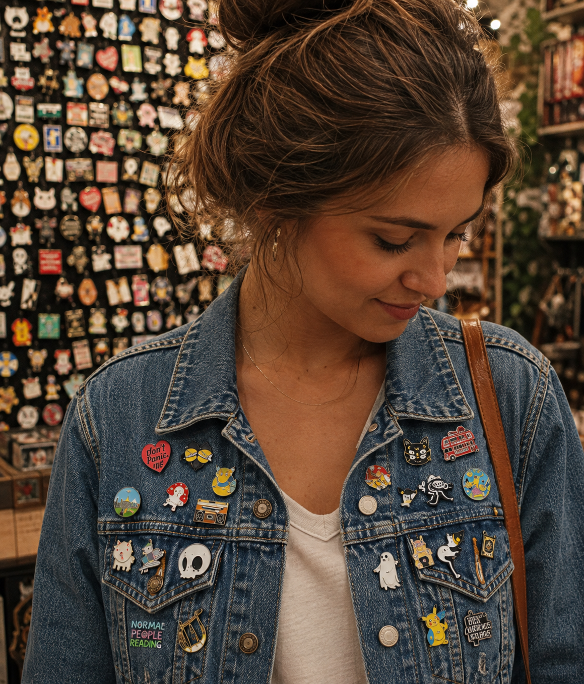 A woman wearing a blue denim jacket covered in various colorful enamel pins, looking down in a shop with a wall of pins in the background.